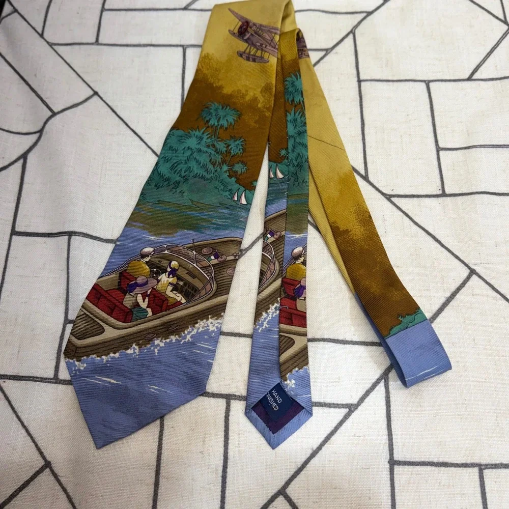 Nautica‎ Silk Necktie One Size Blue Yellow Vintage Tropical Boat Seaplane Scenic
